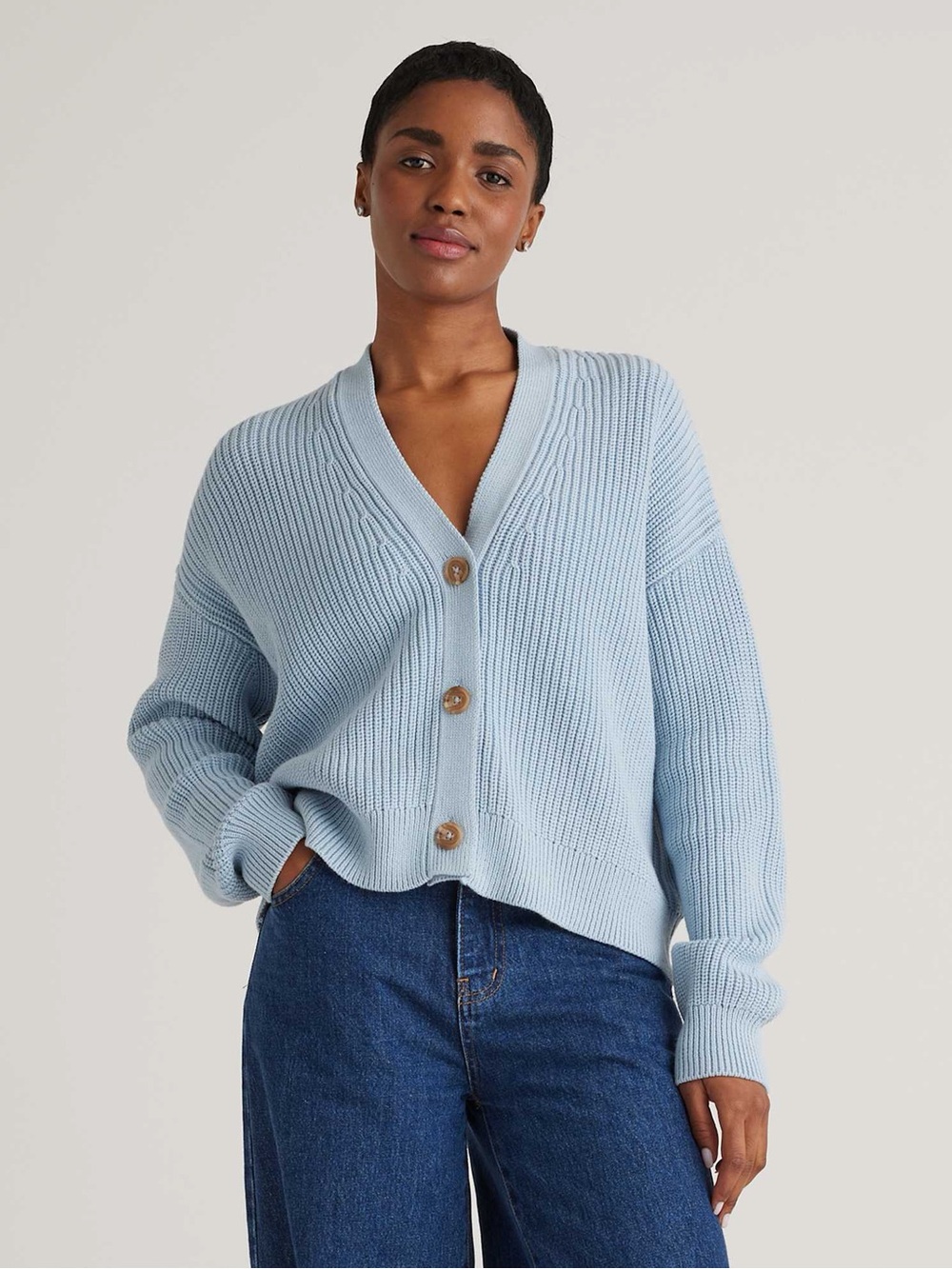 Quince 100% Organic Cotton Fisherman Boxy Cropped Cardigan Sky Blue Medium - Picture 1 of 7